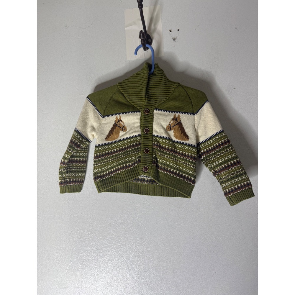 Janie and Jack Kids Horse Fair Isle Shawl Collar Cardigan Sweater Green 12-18M